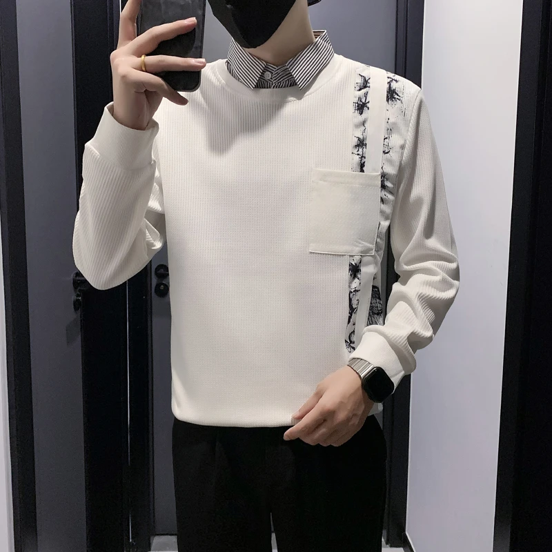 流行韩系假两件卫衣男潮牌衬衫领套头上衣2024秋冬季新款男士外套