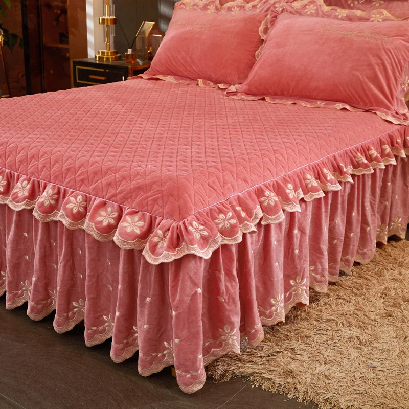 正版欧式加厚加绒宝宝绒床裙冬季保暖水晶绒夹棉罩床防滑床花边