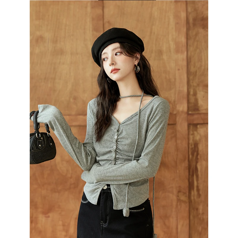 谜秀女装谜秀高级感v领挂脖长袖t恤女2024秋季新款女装薄款褶皱收