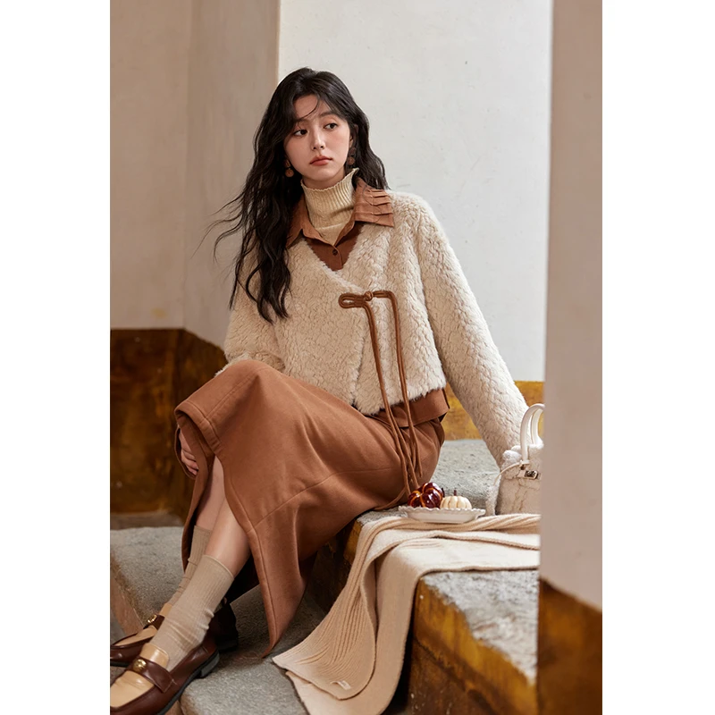 谜秀复古拼接撞色仿羊羔毛套装女2024秋冬毛绒外套半身裙两件套