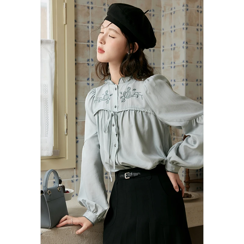 谜秀法式刺绣设计感衬衫女2024秋季女装韩版长袖蓝色衬衣上衣女