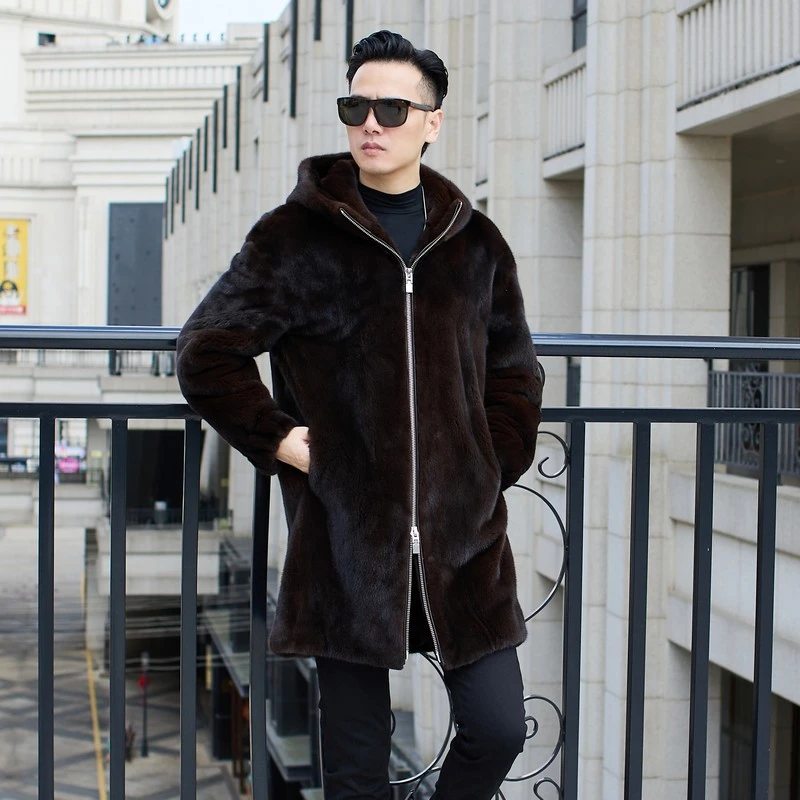 90公分长款防风帽马哈根进口貂皮大衣男整貂水貂皮草外套厚实保暖