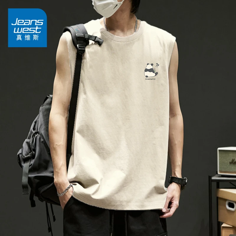 真维斯25夏季薄款纯棉短袖港风潮牌宽松小熊无袖t恤男生夏日穿搭