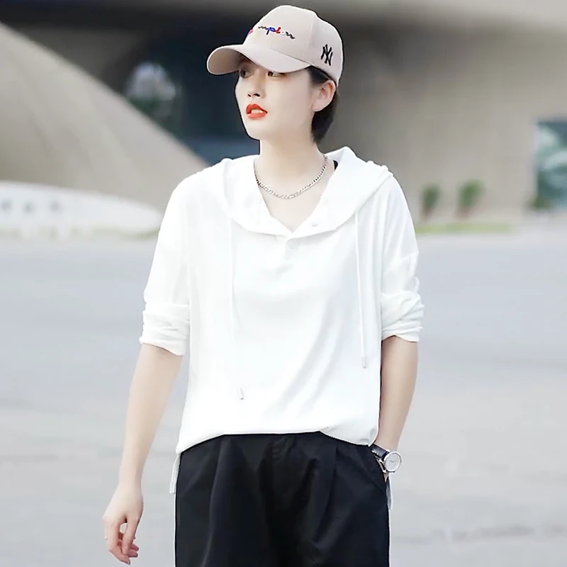 潮牌卫衣女宽松连帽2025新款春秋薄款休闲百搭白色带帽打底t恤衫