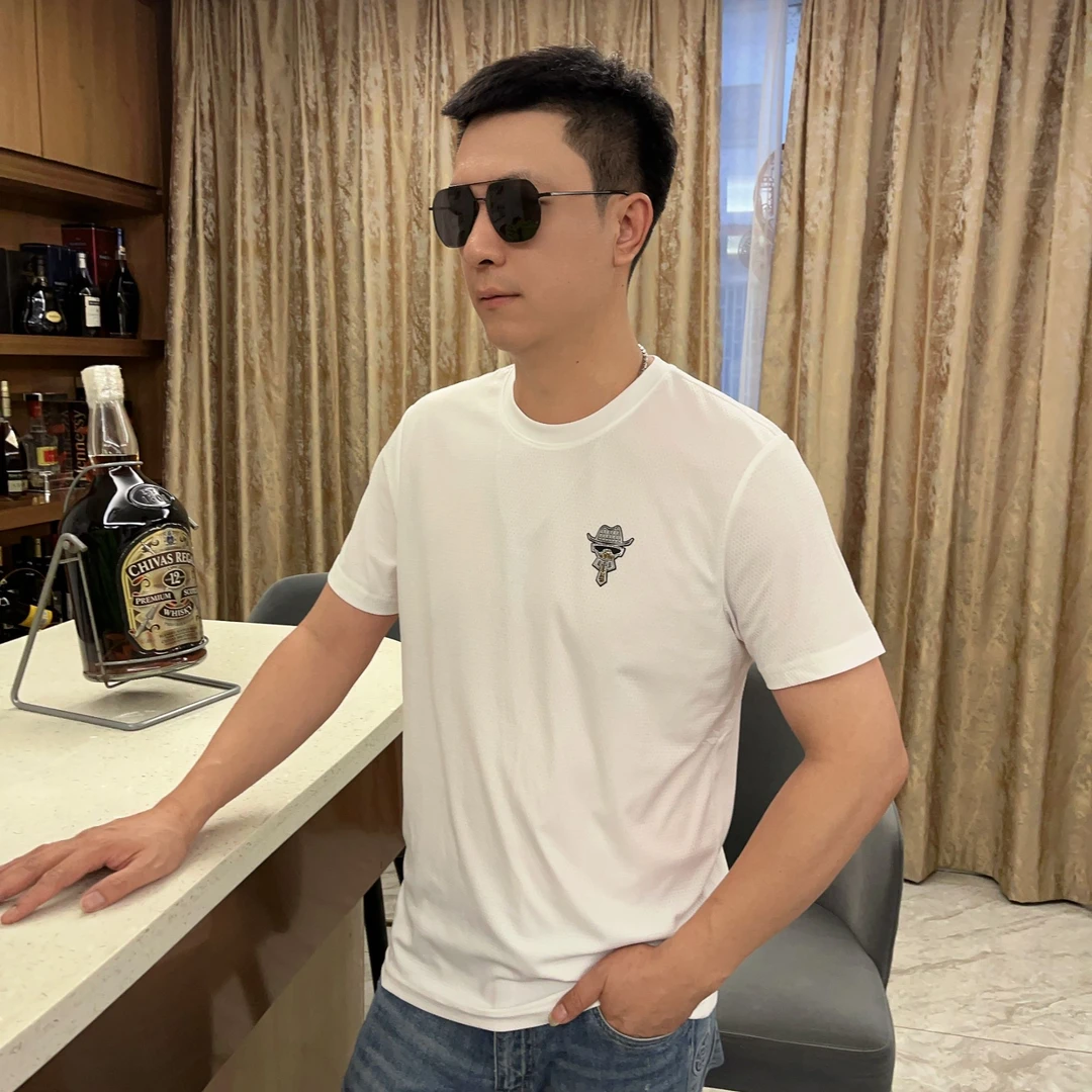 2024夏季男士新款潮l流纯色锦纶提花上衣时尚短袖T恤高级感肌理感