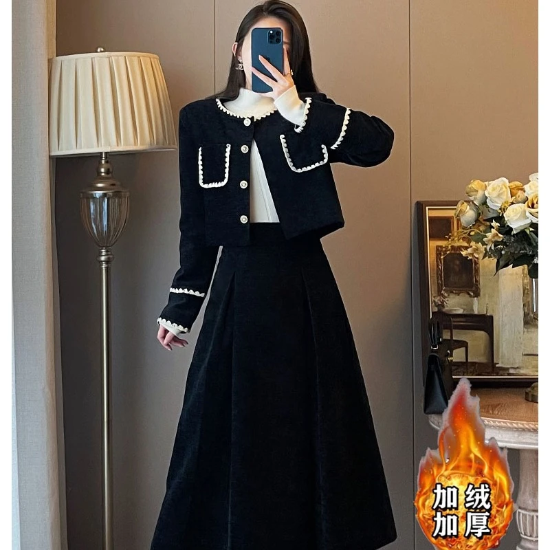 1（80-200斤）胖MM加绒小香风套装女秋冬新款赫本风黑色套装裙1403