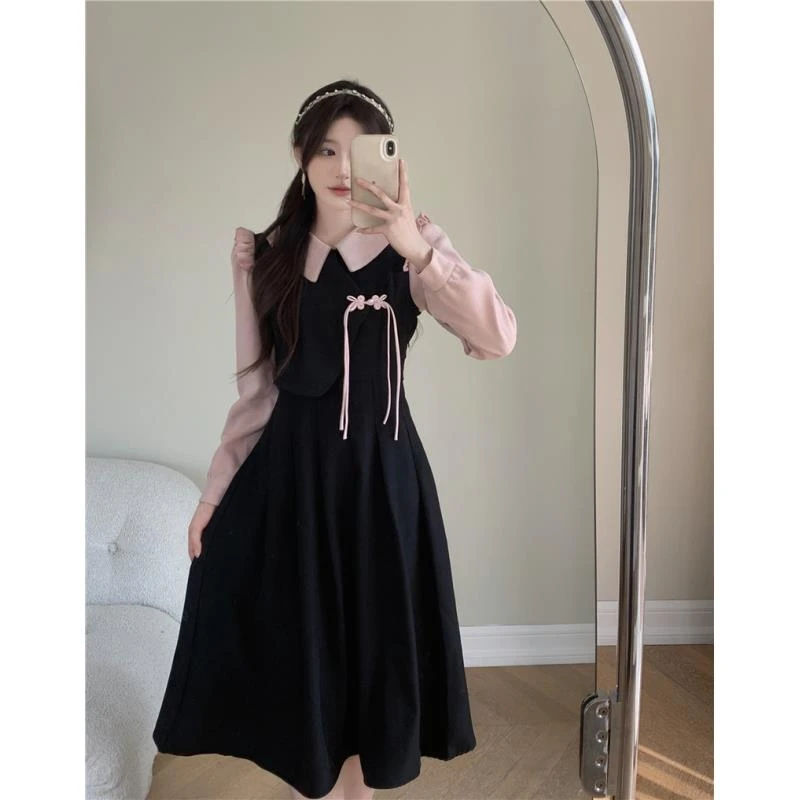 大码女装法式甜美娃娃领连衣裙女秋季胖mm假两件显瘦打底长裙1383