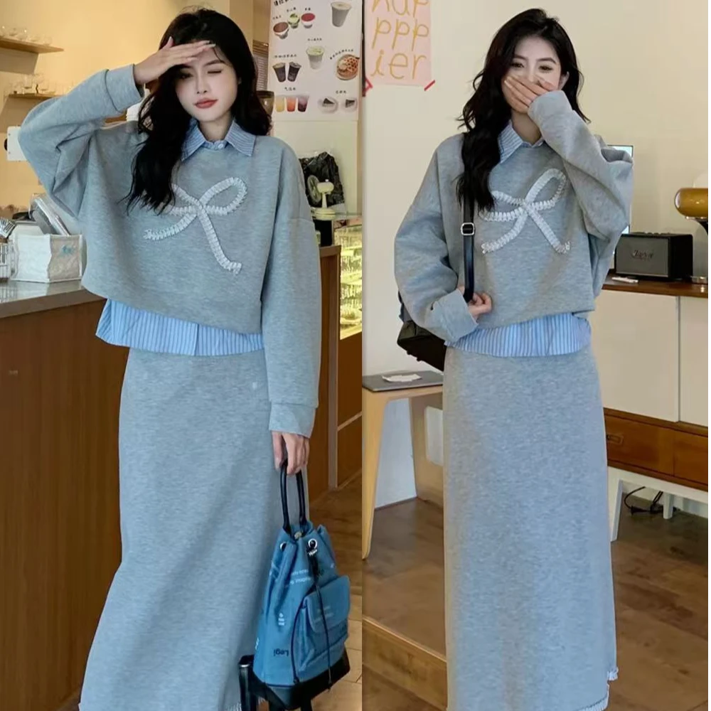 （专属）大码时尚套装秋季长袖POLO领卫衣高腰包臀半裙两件套女1618