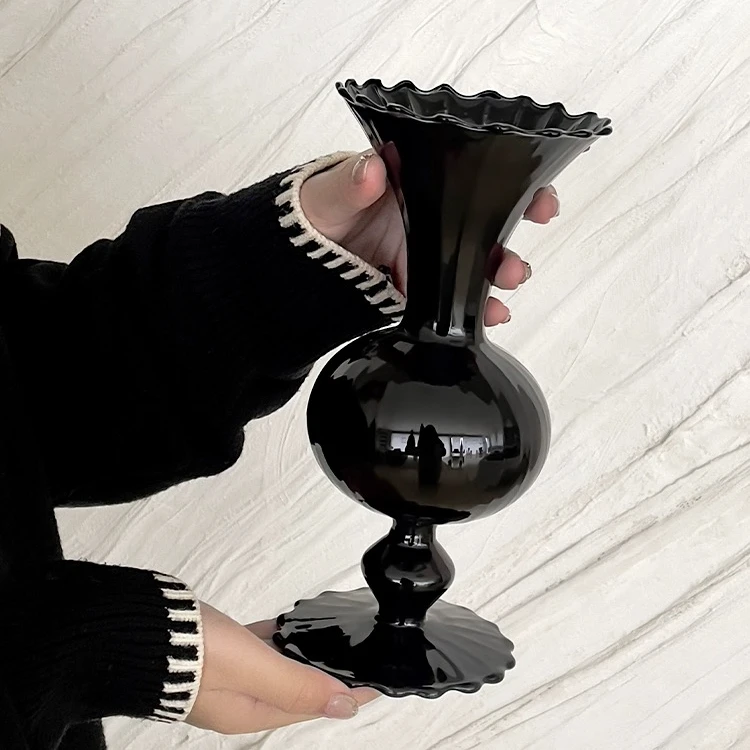 中古黑花瓶摆件 高级感客厅餐桌插花干花装饰瓶法式复古玻璃花瓶