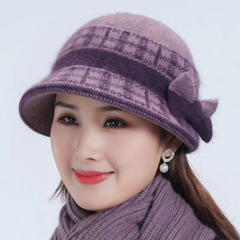 帽子女妈妈秋冬天针织盆帽中老年加厚毛线帽老年人太太加绒保暖棉