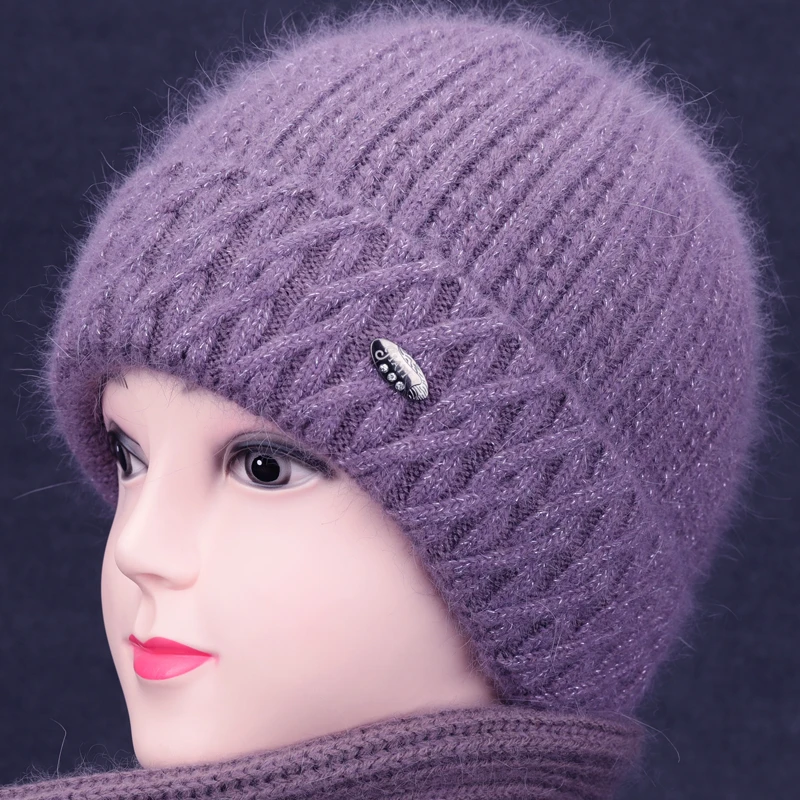 中老年秋冬天毛线帽老太太加厚保暖兔毛帽老人奶奶针织加绒棉帽冬