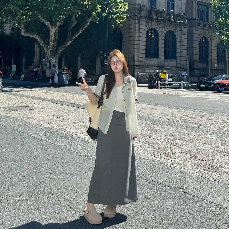 南岛风大码女装新款夏季微胖mm衬衫半身裙套装ZYY627