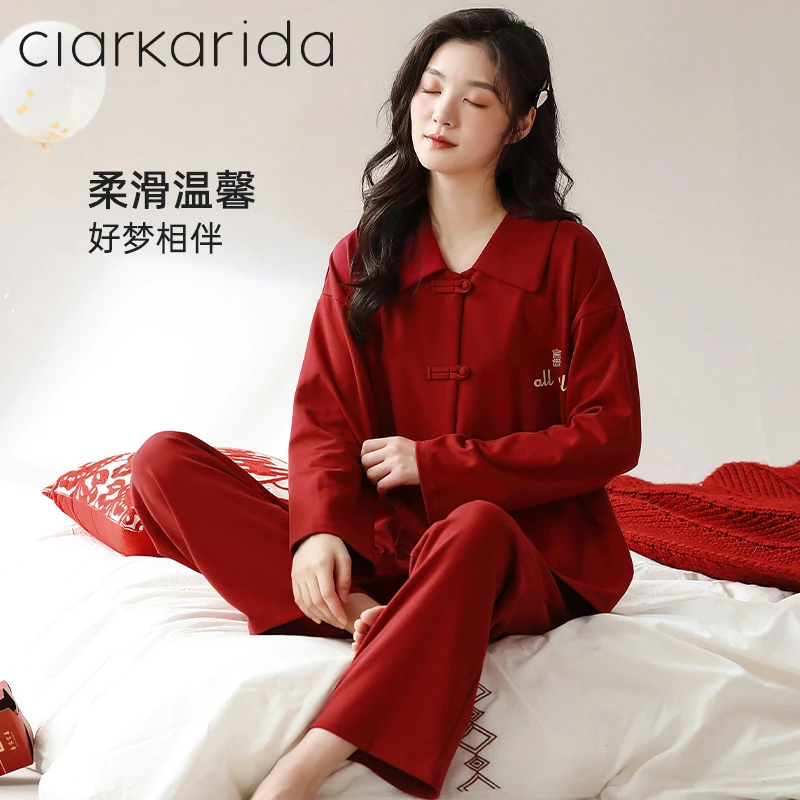Clarkarida小翻领情侣睡衣秋款2023新款春秋女士大红色结婚家居服