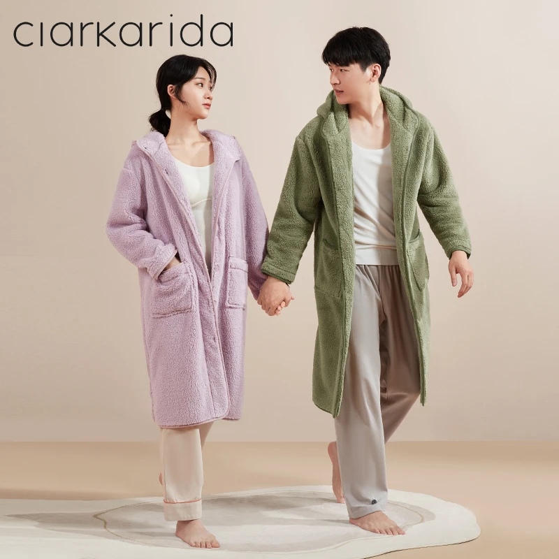 Clarkarida情侣睡袍冬季2023新款可外穿出门家居服宽松连体帽睡衣