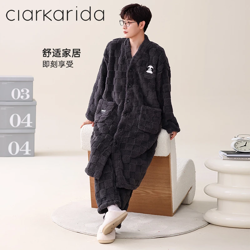 Clarkarida法兰绒睡袍男士冬季长款加绒加厚可外穿冬天保暖睡衣