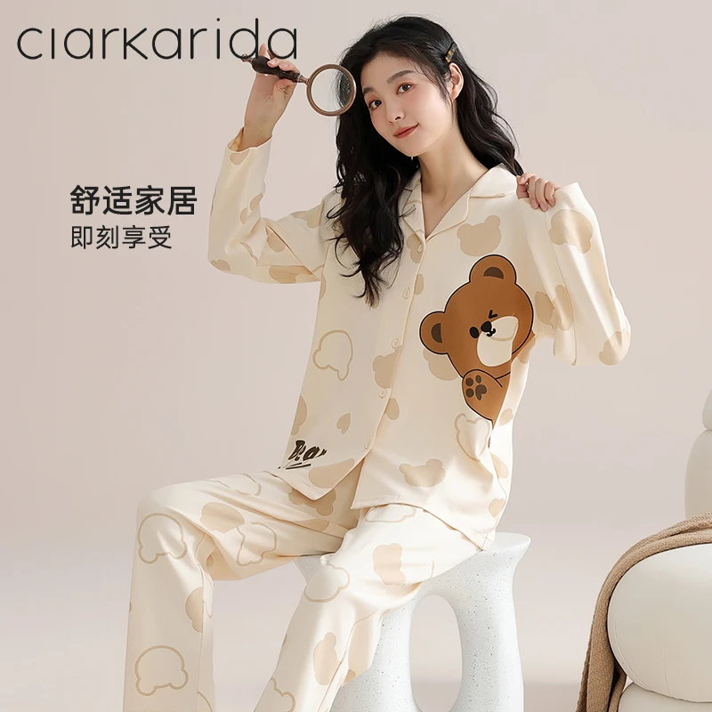 Clarkarida纯棉女睡衣套装长袖小熊印花翻领开衫2023秋冬款家居服
