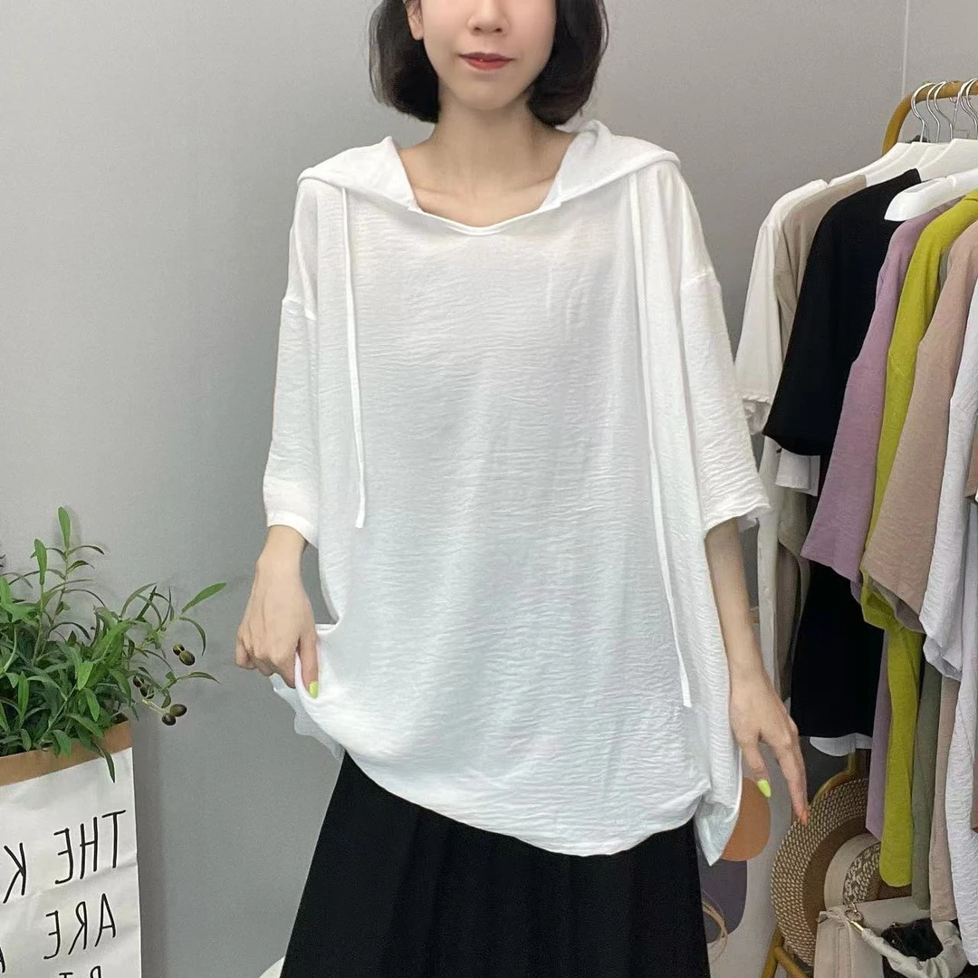 夏季新款宽松大板型纯色连帽中袖T恤G066150