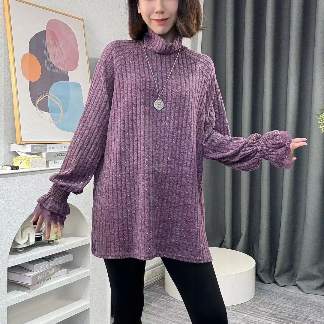 秋冬新款时尚气质百搭大版型宽松蕾丝边袖口长袖T打底T恤G9351