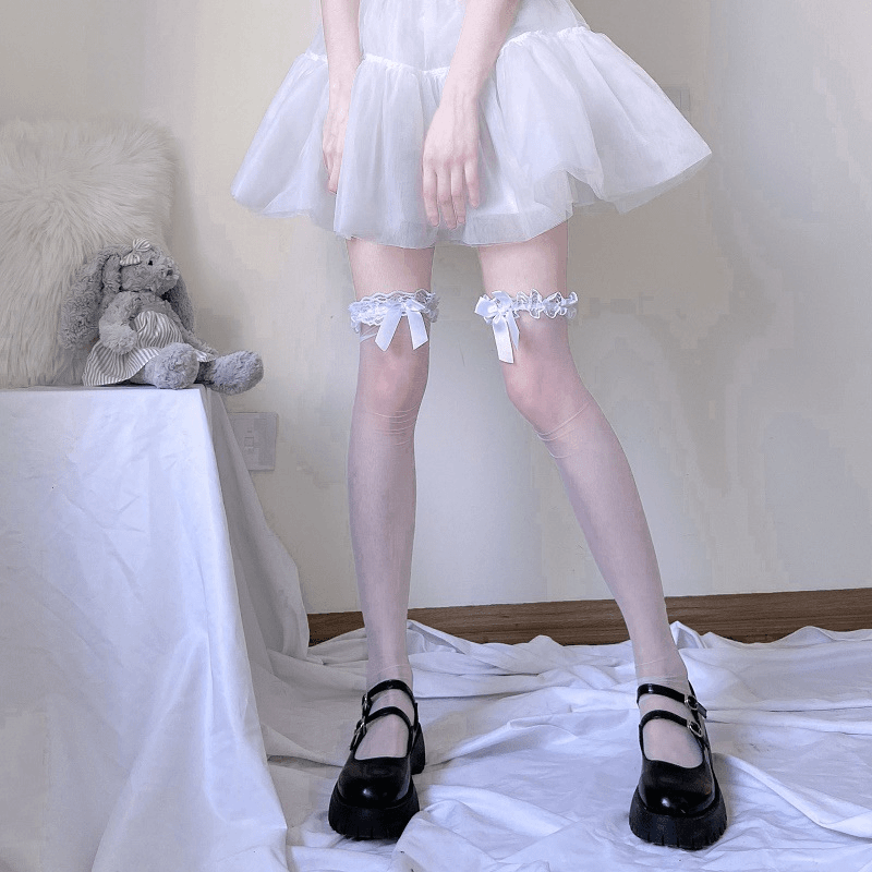洛丽塔蝴蝶结jk甜美蕾丝花边高筒袜女日系美腿丝袜超薄款夏季黑色