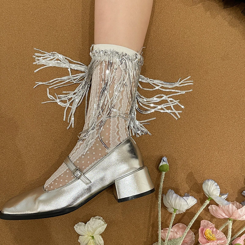 千禧年Y2K辣妹春夏复古亮片流苏国风玻璃丝水晶中筒少女堆堆袜女