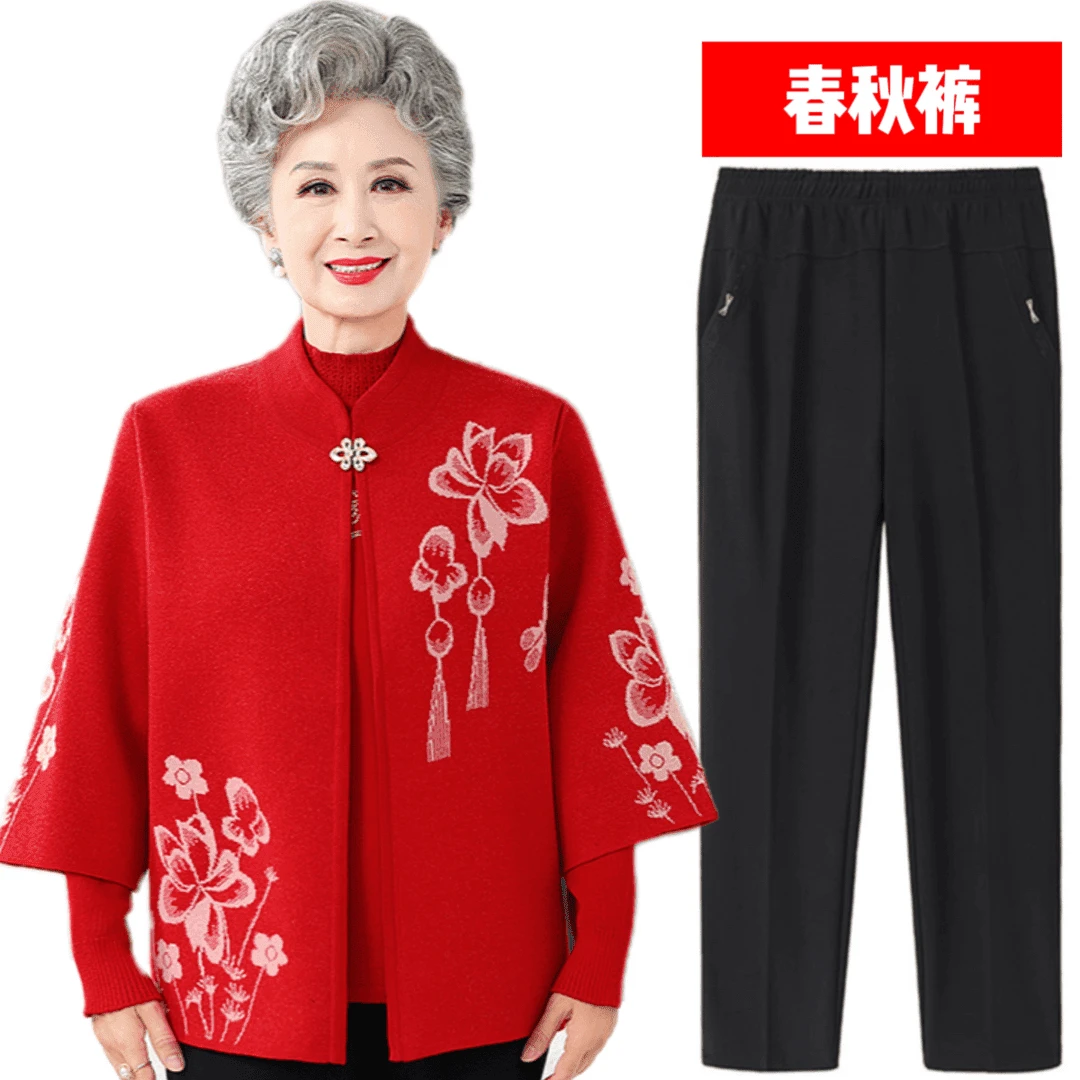 老年人奶奶秋装女针织毛衣洋气外套中老年妈妈红色本命年婚礼上衣
