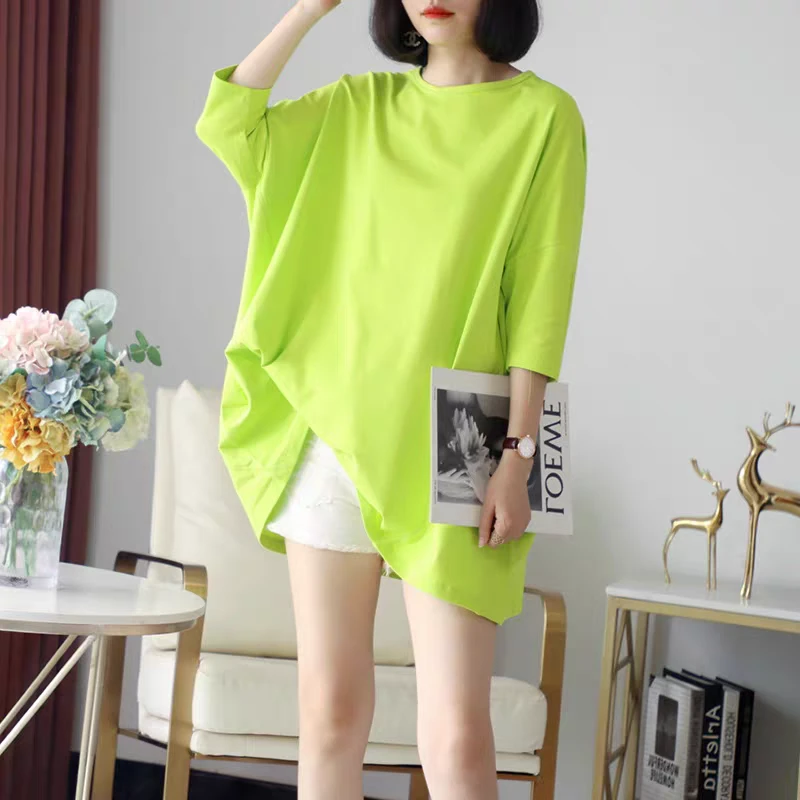 欧货大版夏2024新款宽松中长款糖果色T恤女短袖上衣廓形显瘦遮臀