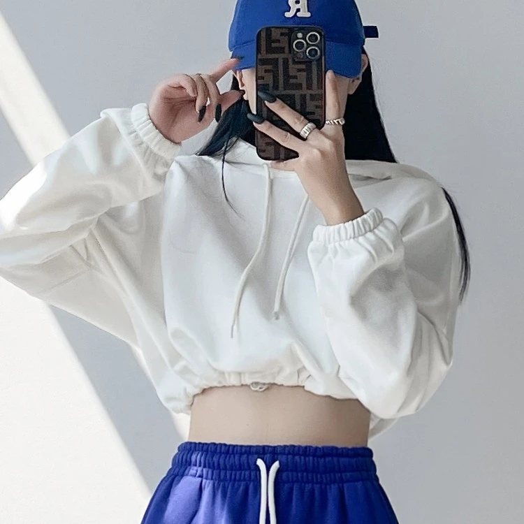 2024春季新款高腰连帽短款卫衣女设计感纯色休闲上衣百搭小众显瘦