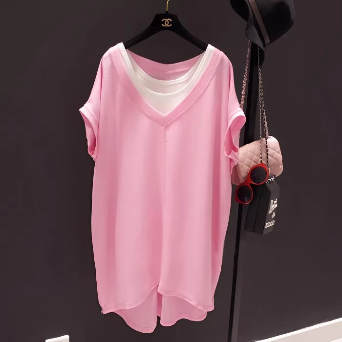 夏装2024新款宽松中长款纯色短袖t恤女V领设计感两件套蝙蝠袖上衣