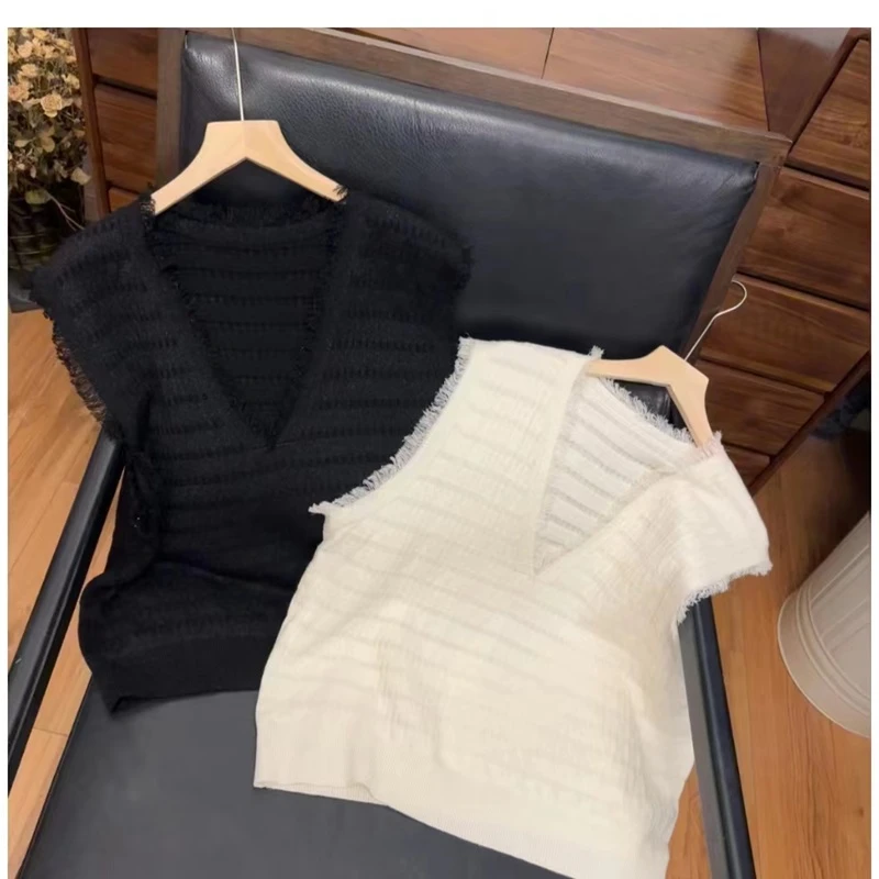 【流苏】法式极简风肌理感流苏V领亮丝背心时尚针织百搭马甲5556