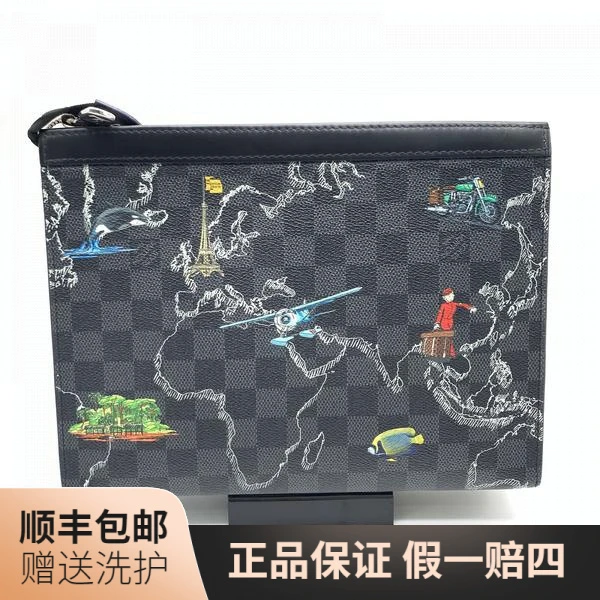 95新 LouisVuitton/路易威登 LV黑棋盘格地图洗漱包/10014618手包
