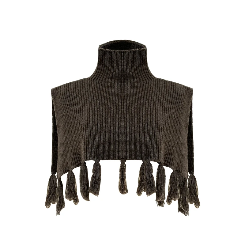 TU设计师品牌高领羊绒针织衫女秋冬新款咖啡色设计感流苏披肩