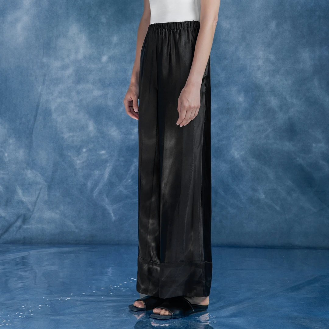 TU女装真丝电力纺提花松紧腰阔腿裤子25夏季新款经典垂感直筒裤