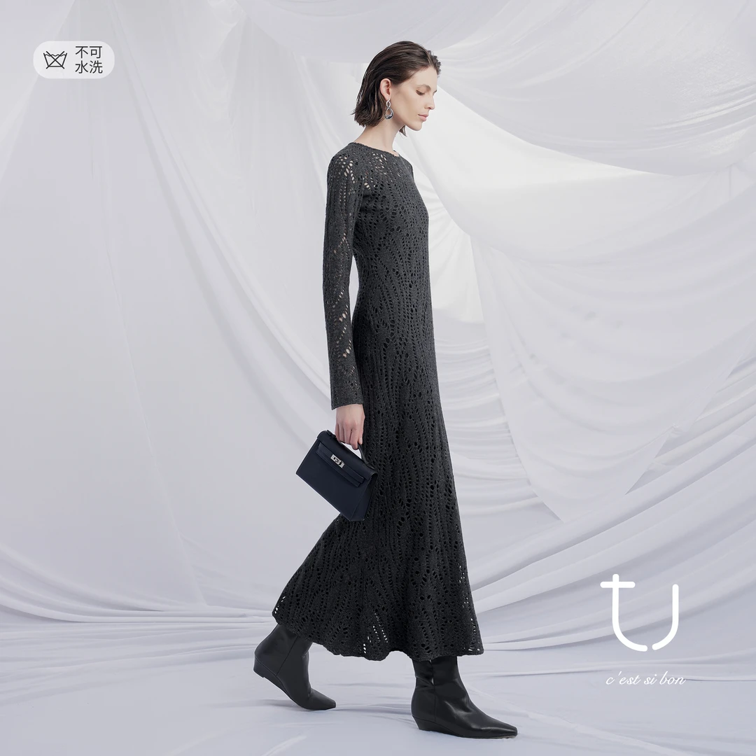 TU女装 羊毛复古圆领镂空连衣裙25夏季新款设计感气质鱼尾长裙子