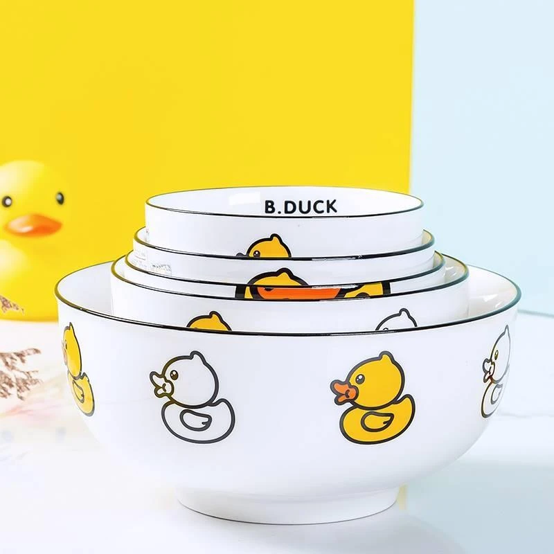 陶瓷碗家用2021新款小黄鸭餐具可爱少女心学生宿舍用吃饭碗碟单个
