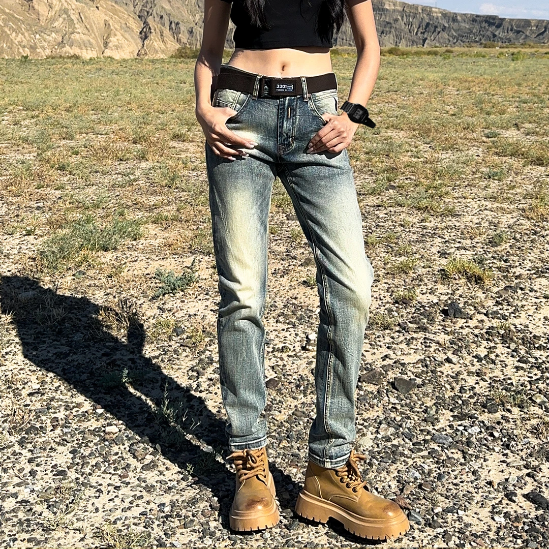 新款秋冬季高端复古牛仔裤男休闲百搭高腰怀旧加绒修身小直筒显瘦