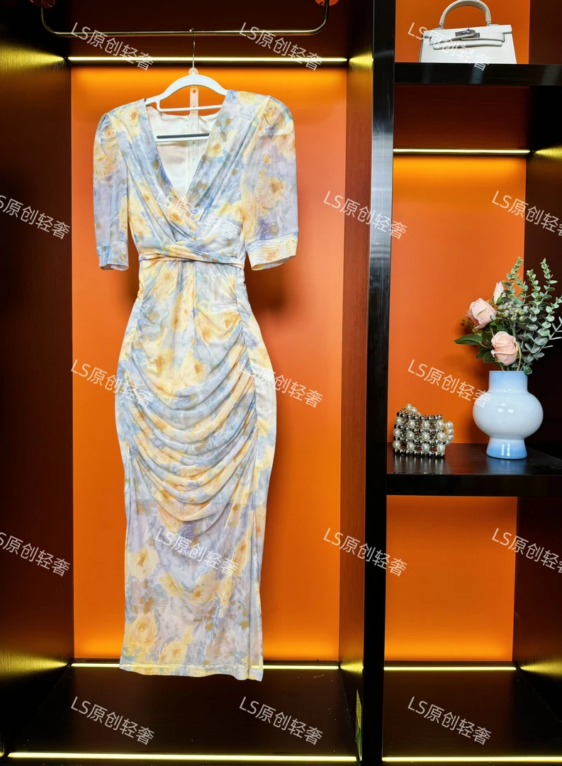 气质网纱短袖修身碎花显瘦l蓝色印花时尚褶皱包臀裙中长裙83347