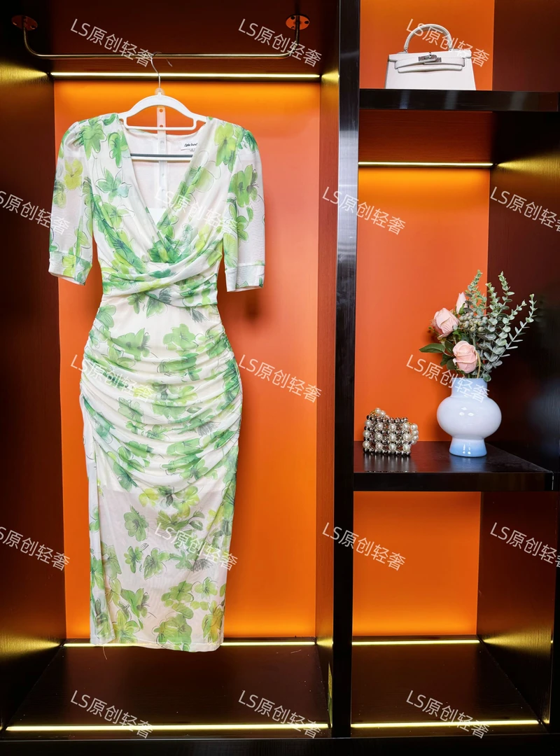 法式收腰修身显瘦春夏修身显瘦气质V领开叉提花优雅连衣裙89077