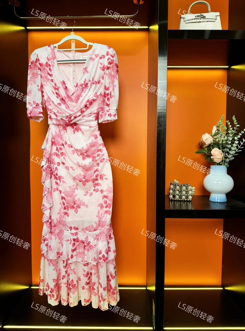 夏季优雅气质减龄花色超仙不规则鱼尾裙长裙显瘦V领短袖碎花57222