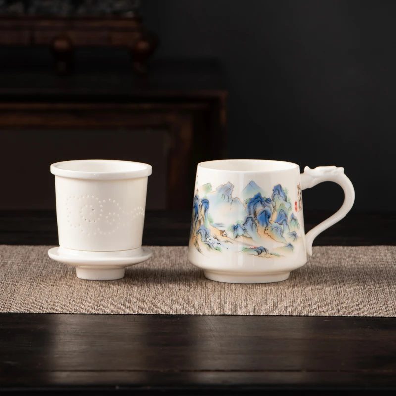 德化白瓷羊脂玉瓷陶瓷办公杯带盖个人专用杯茶水分离杯高端马克杯