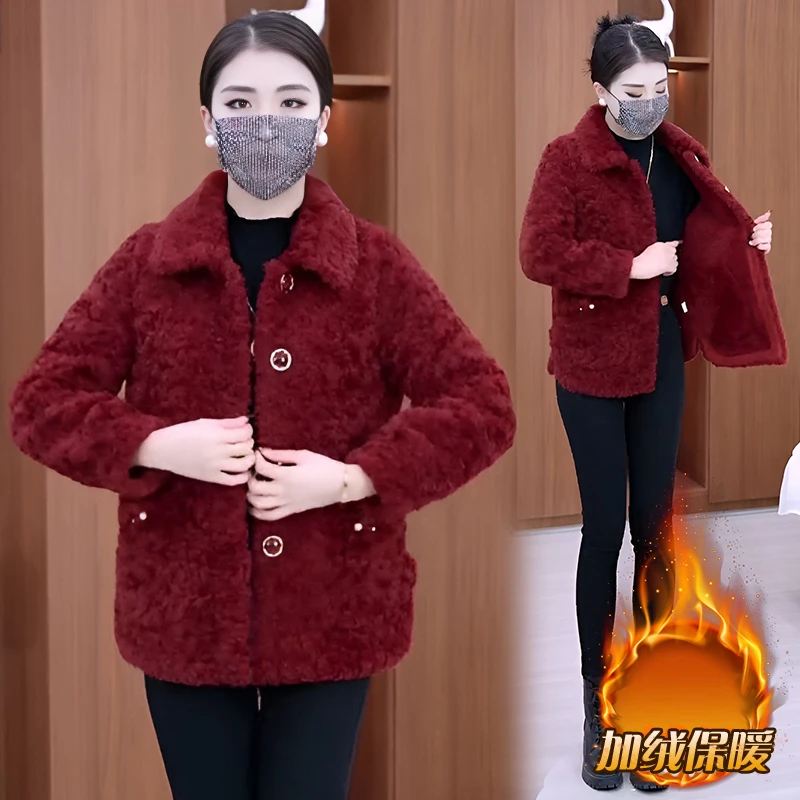 毛毛外套女气质秋冬宽松加绒加厚翻领时尚中年妈妈装大码保暖上衣