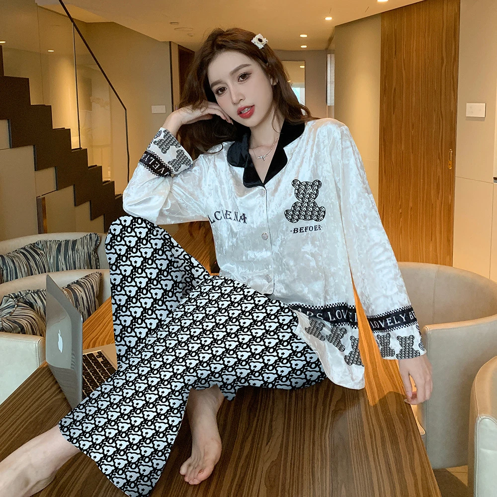 2023年新款金丝绒睡衣女春秋季长袖可爱卡通秋冬家居服套装可外穿