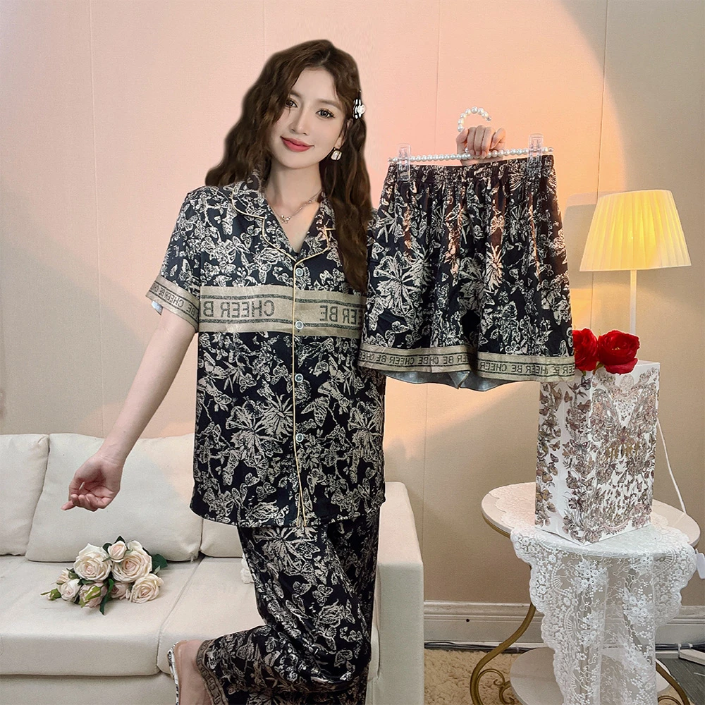 小香风冰丝睡衣女夏季薄款三件套羽毛纱丝绸高级感套装宽松家居服