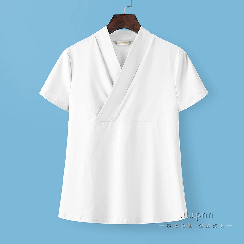 妈妈短袖复古改良中老年短袖t恤内搭中衣女夏季交叉领内衬