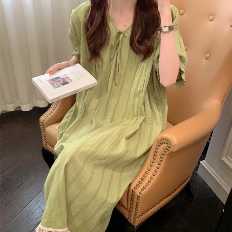 韩国ins简约拼接花边睡裙女夏季短袖v领镂空可外穿宽松睡衣家居服