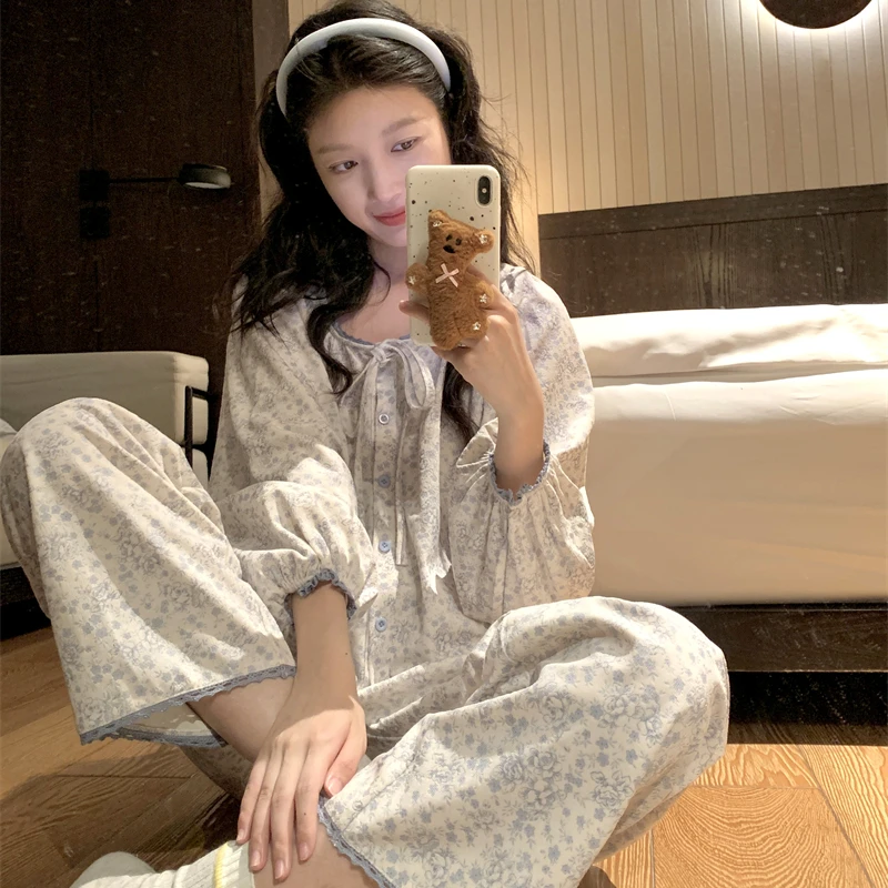 韩国ins甜美碎花灯芯绒睡衣女秋冬季长袖长裤花边休闲家居服套装