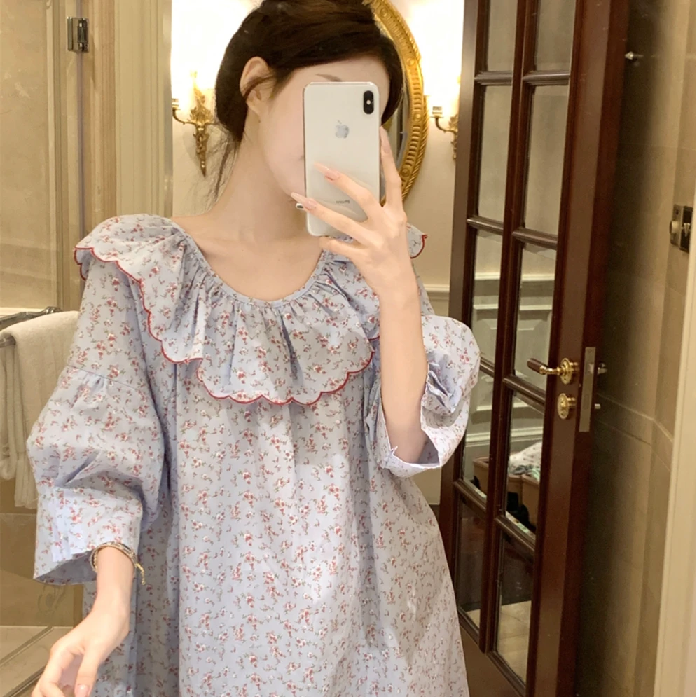 韩国ins甜美复古小碎花棉麻睡裙女夏季薄款七分袖宽松睡衣家居服