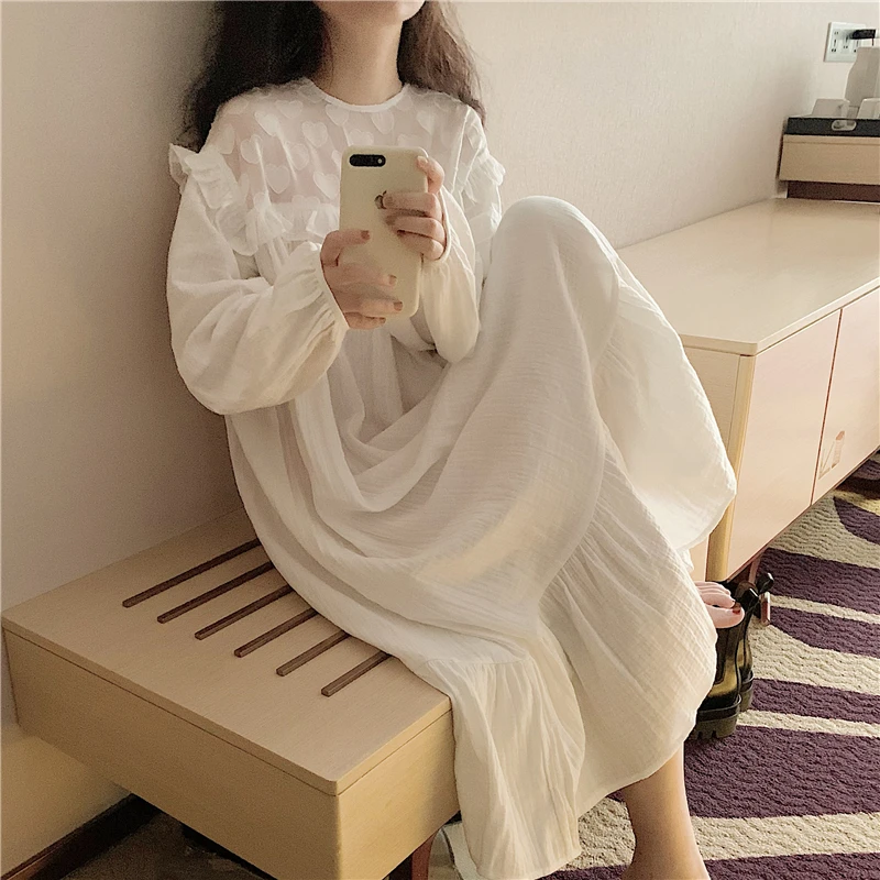韩国ins爱心刺绣性感睡裙女春秋季长袖双层纱布中长款睡衣家居服