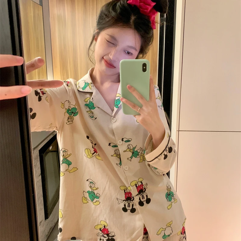 韩国ins卡通米奇棉麻睡衣女款春秋季长袖长裤学生休闲家居服套装