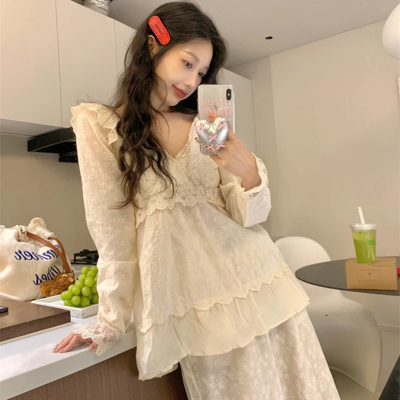 韩国ins纯欲公主风带胸垫睡衣女春秋季长袖性感v领花边睡衣家居服