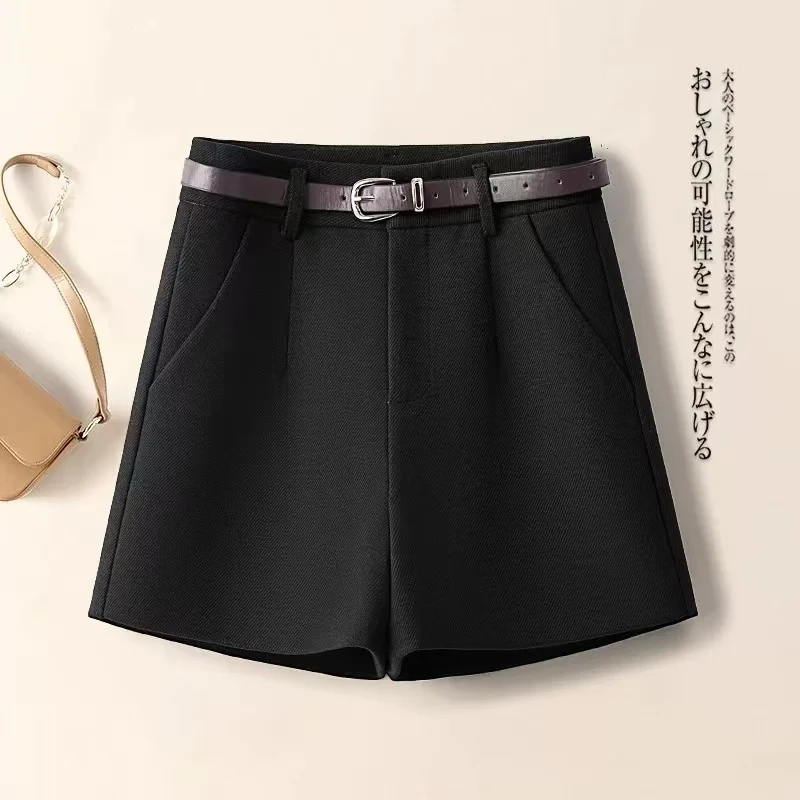 送腰带）2024新款高腰毛呢秋冬a字阔腿裤外穿靴裤配靴子的短裤1098